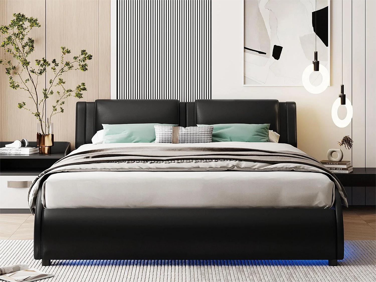 Gestoffeerd bed 140 x 200 cm, PU-gevoerd volwassen bed met LED, gebogen design, inclusief lattenbodem, zwart