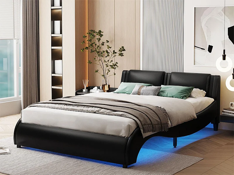Gestoffeerd bed 140 x 200 cm, PU-gevoerd volwassen bed met LED, gebogen design, inclusief lattenbodem, zwart