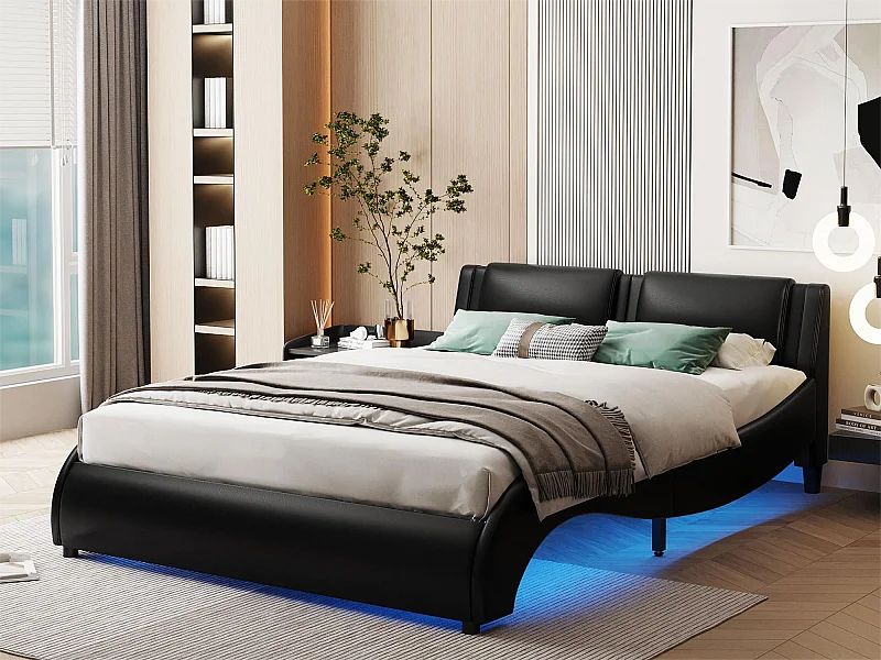 Gestoffeerd bed 140 x 200 cm, PU-gevoerd volwassen bed met LED, gebogen design, inclusief lattenbodem, zwart