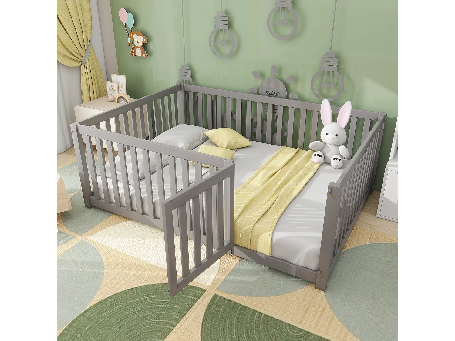 Lit bébé 140 x 200 cm sol en bois Cadre de lit avec clôture et porte, gris