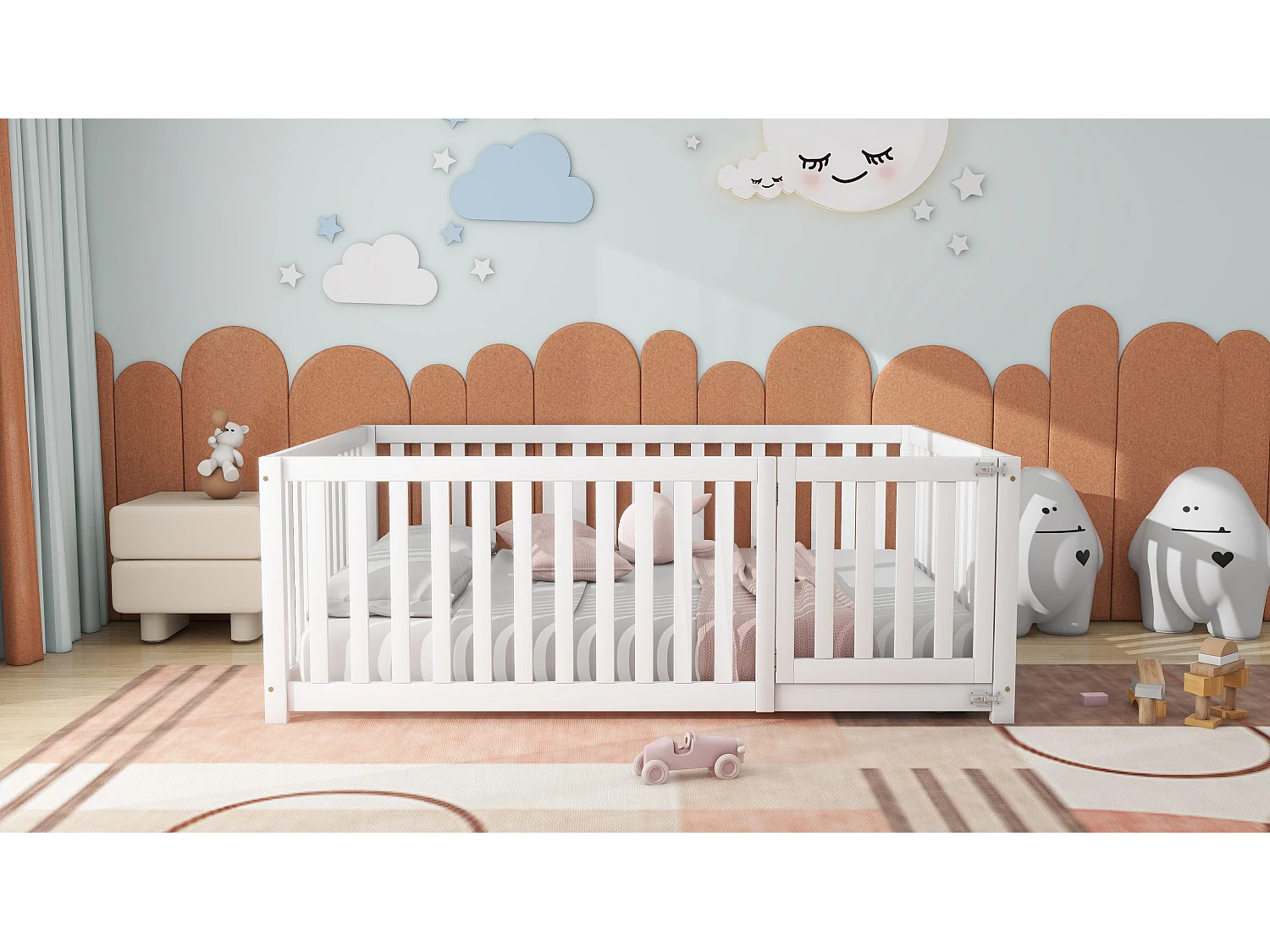 Lit bébé 140 x 200 cm sol en bois Cadre de lit avec clôture et porte, blanc