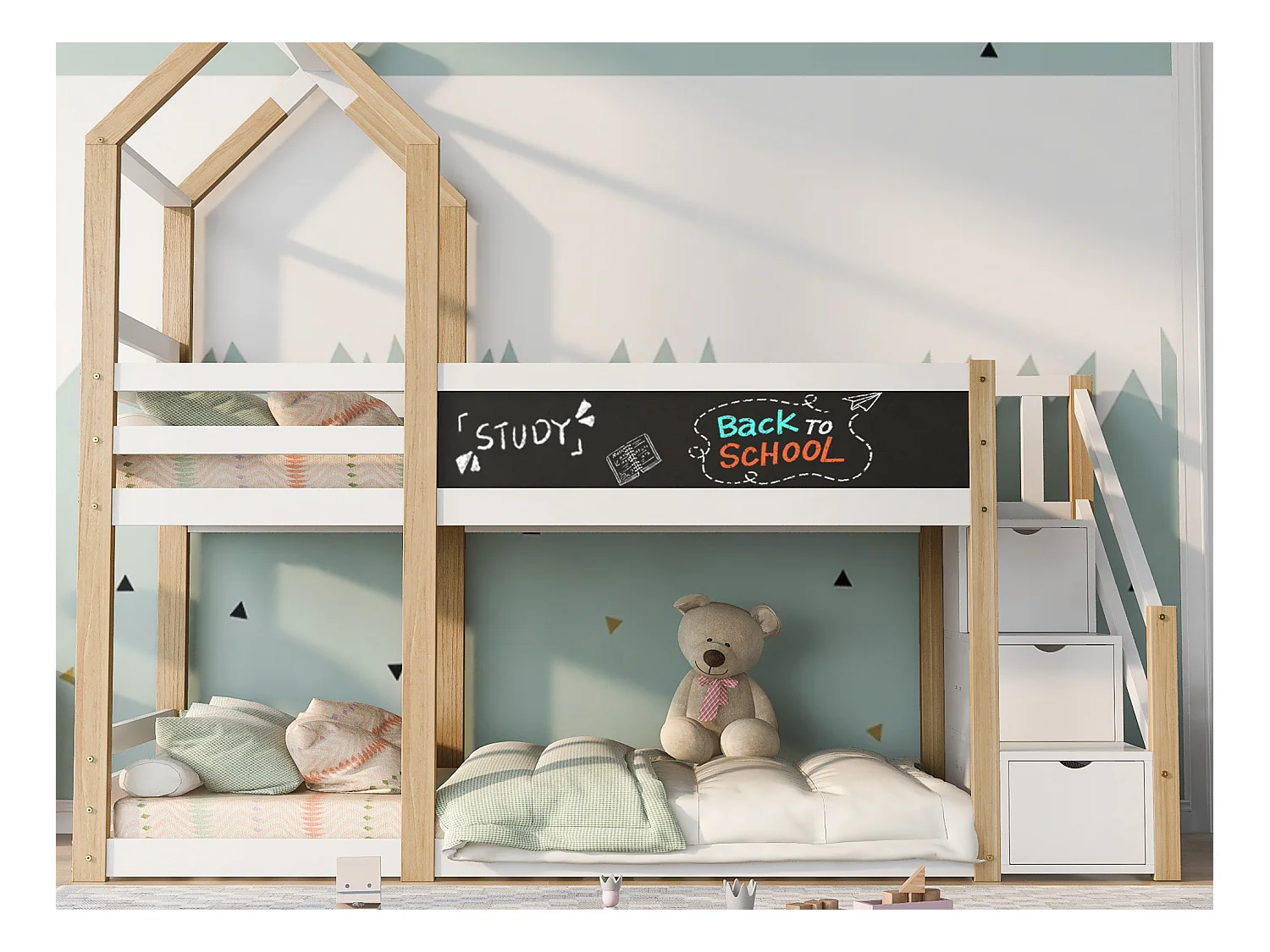 Stapelbed 2 x 90 x 200 cm - 3 lades - 2 x lattenbodems - kleuren: naturel en wit