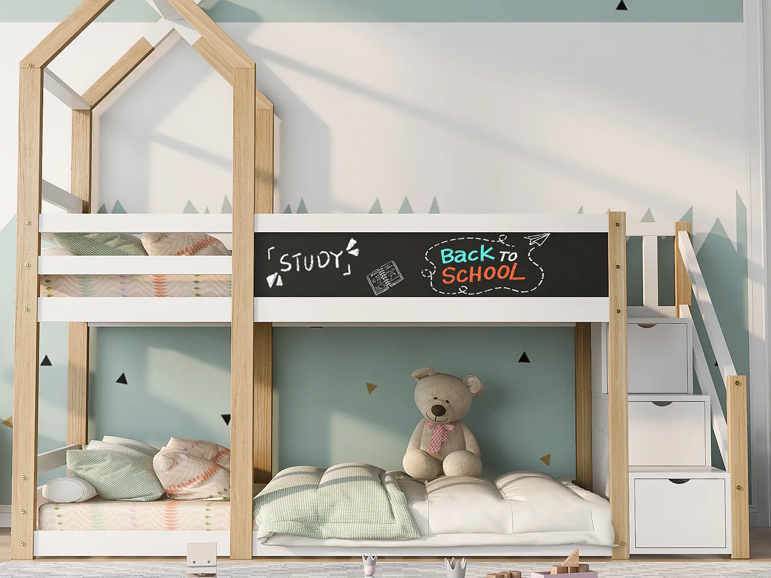 Stapelbed 2 x 90 x 200 cm - 3 lades - 2 x lattenbodems - kleuren: naturel en wit