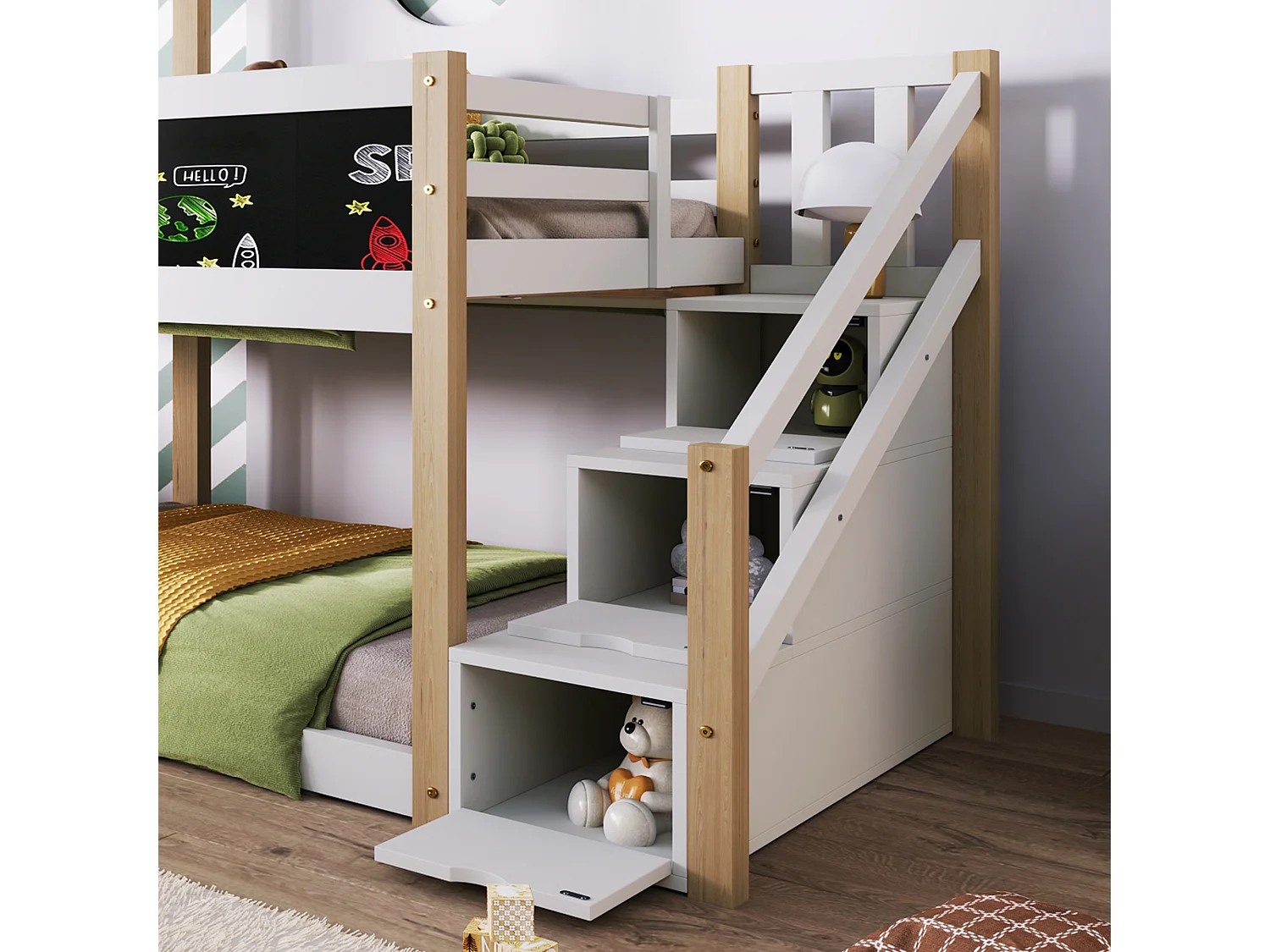 Stapelbed 2 x 90 x 200 cm - 3 lades - 2 x lattenbodems - kleuren: naturel en wit