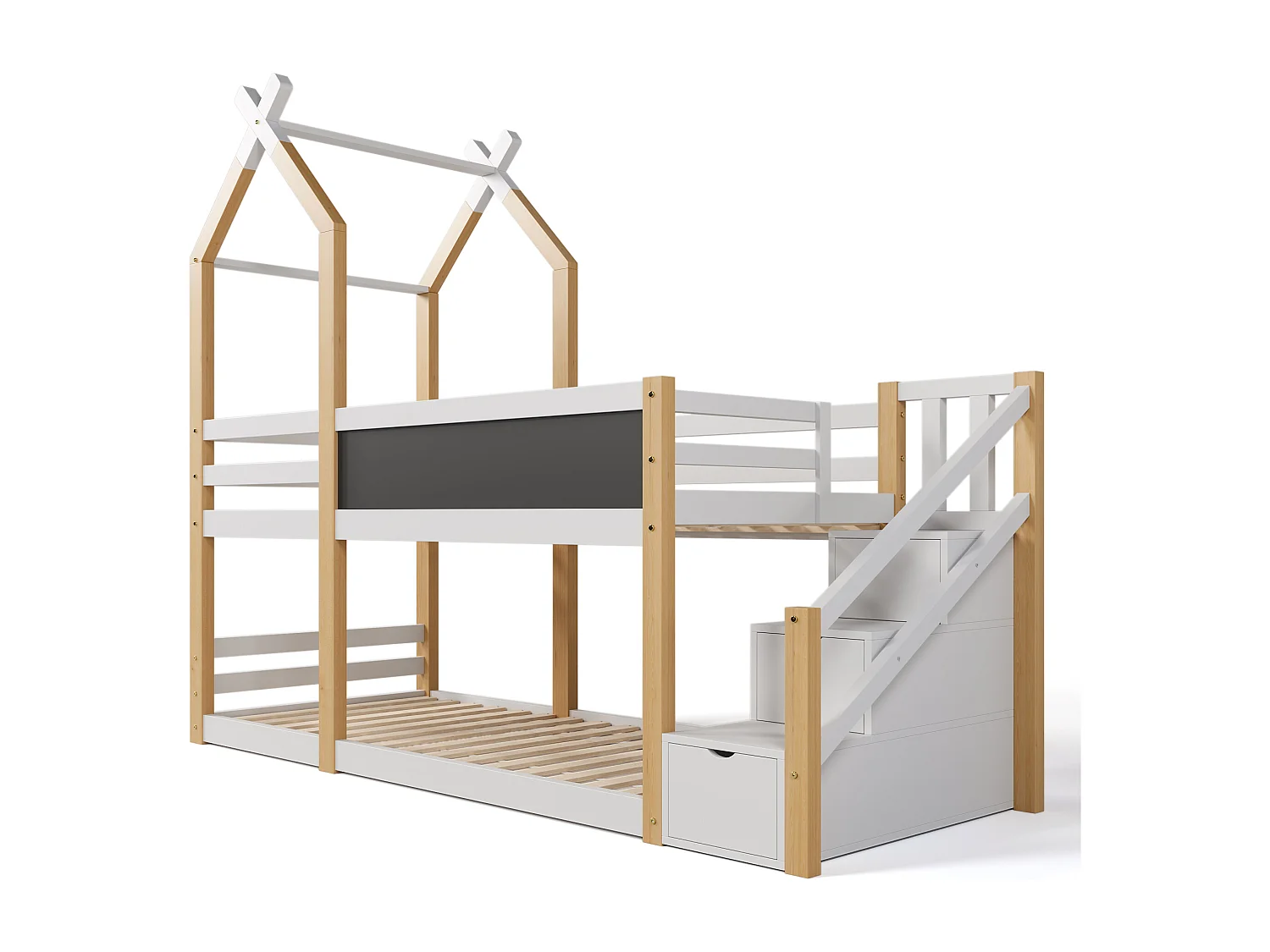 Stapelbed 2 x 90 x 200 cm - 3 lades - 2 x lattenbodems - kleuren: naturel en wit