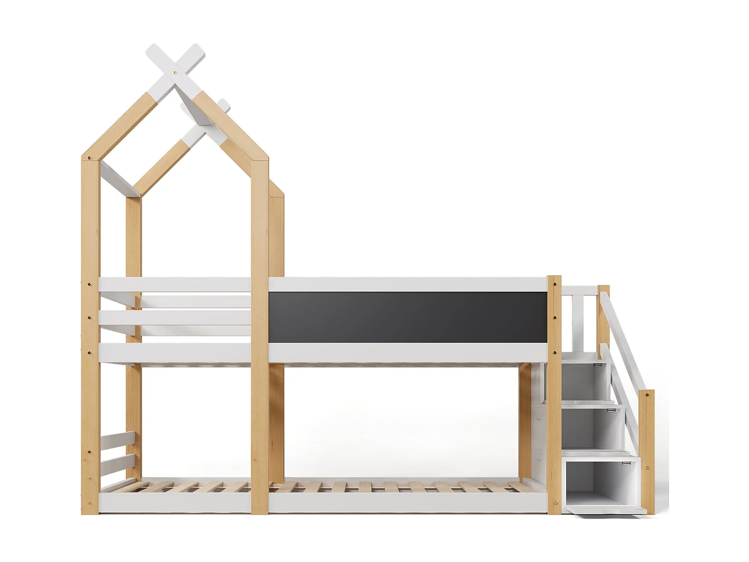 Stapelbed 2 x 90 x 200 cm - 3 lades - 2 x lattenbodems - kleuren: naturel en wit