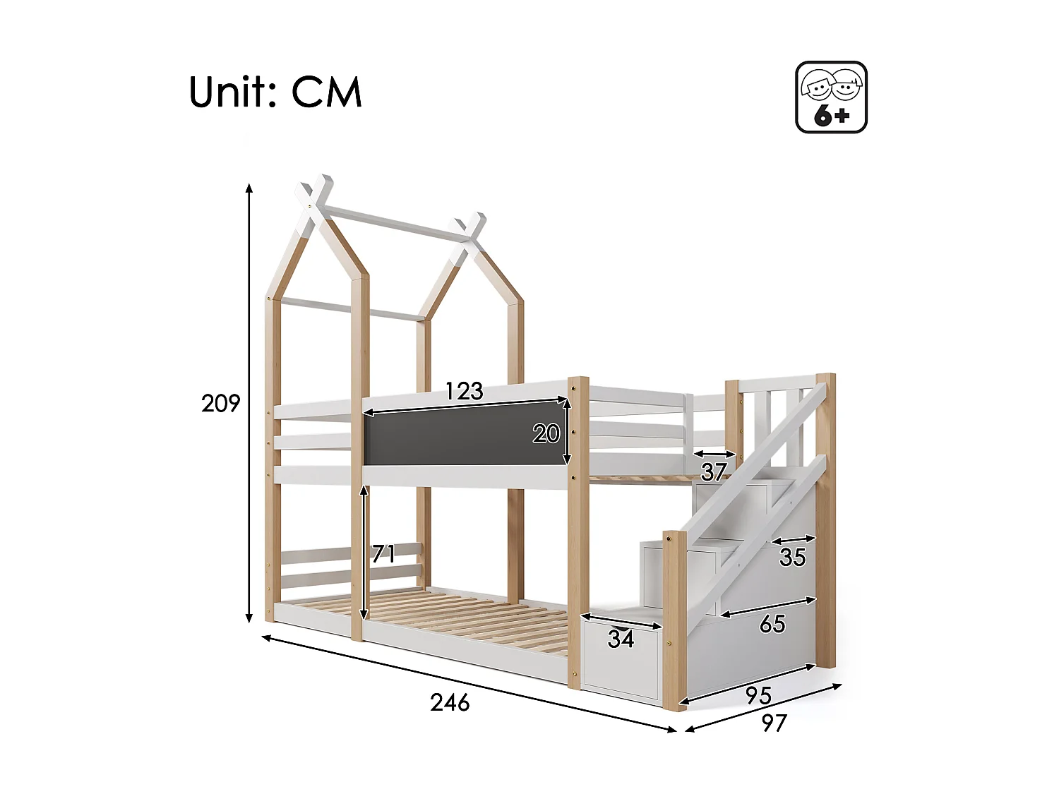 Stapelbed 2 x 90 x 200 cm - 3 lades - 2 x lattenbodems - kleuren: naturel en wit