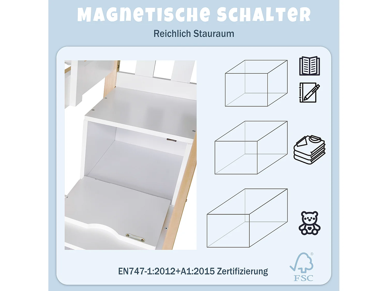 Stapelbed 2 x 90 x 200 cm - 3 lades - 2 x lattenbodems - kleuren: naturel en wit