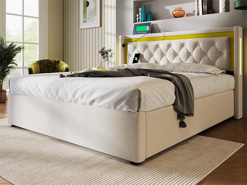Gepolstertes Stauraumbett – 140 x 200 cm – mit USB-Typ-C-Buchse und LEDs – Lattenrost – beige Farbe
