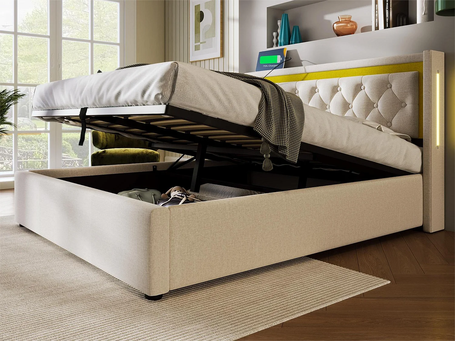 Gepolstertes Stauraumbett – 140 x 200 cm – mit USB-Typ-C-Buchse und LEDs – Lattenrost – beige Farbe