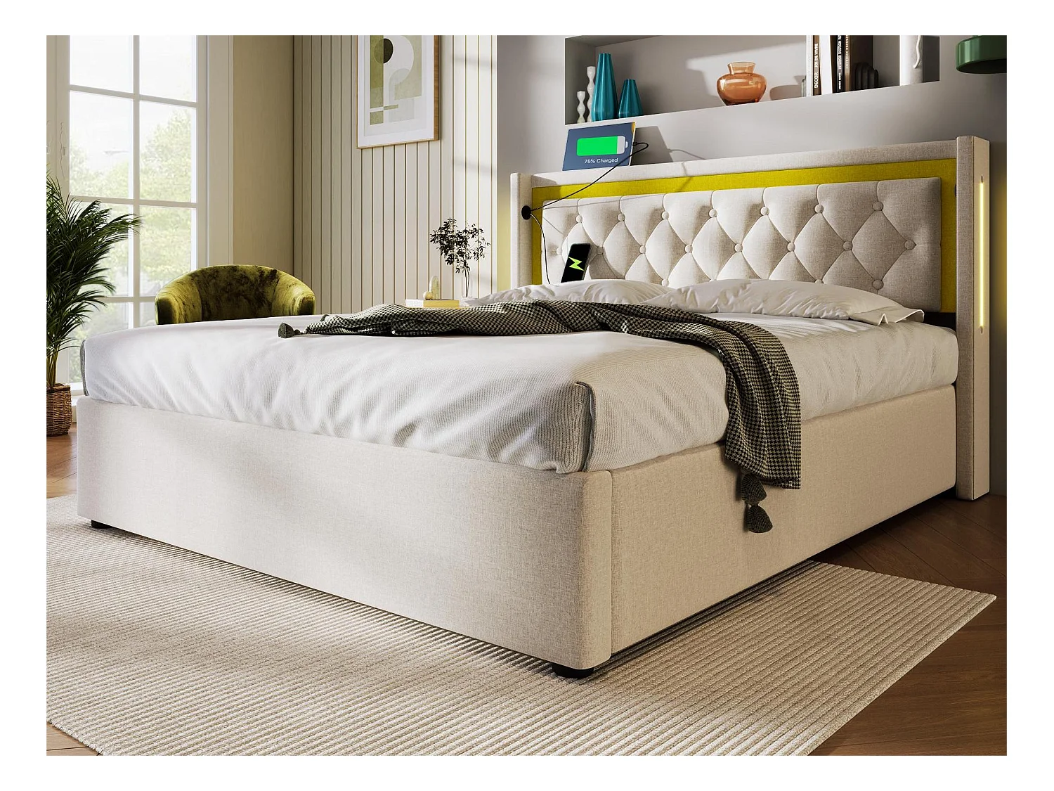 Lit coffre rembourré - 140 x 200 cm - avec prise USB Type C et LEDs - sommier à lattes - coloris beige