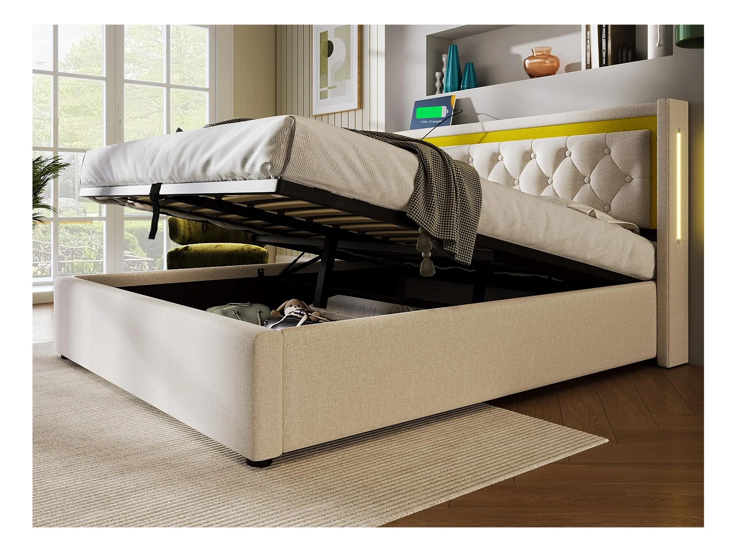 Letto contenitore imbottito - 140 x 200 cm - con presa USB Type C e LED - rete a doghe - colore beige