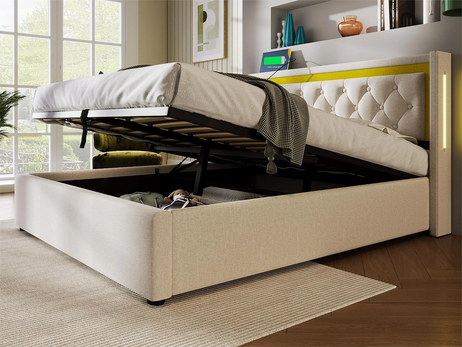 Gepolstertes Stauraumbett – 140 x 200 cm – mit USB-Typ-C-Buchse und LEDs – Lattenrost – beige Farbe