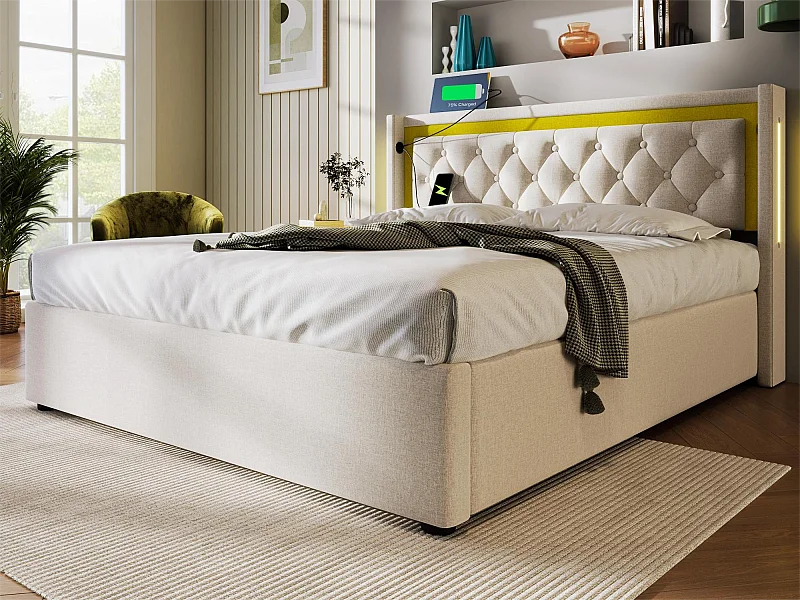 Letto contenitore imbottito - 140 x 200 cm - con presa USB Type C e LED - rete a doghe - colore beige