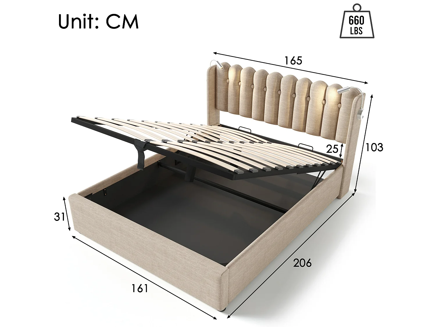 Bett mit Stauraum und Kopfteil – 160 x 200 cm – Leselampe und USB-Anschluss – Leinenstoff – natürliche Farbe