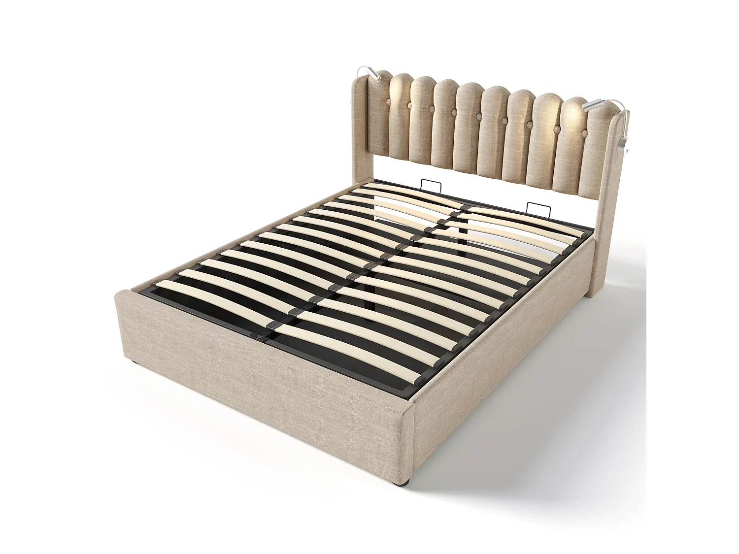 Bett mit Stauraum und Kopfteil – 160 x 200 cm – Leselampe und USB-Anschluss – Leinenstoff – natürliche Farbe
