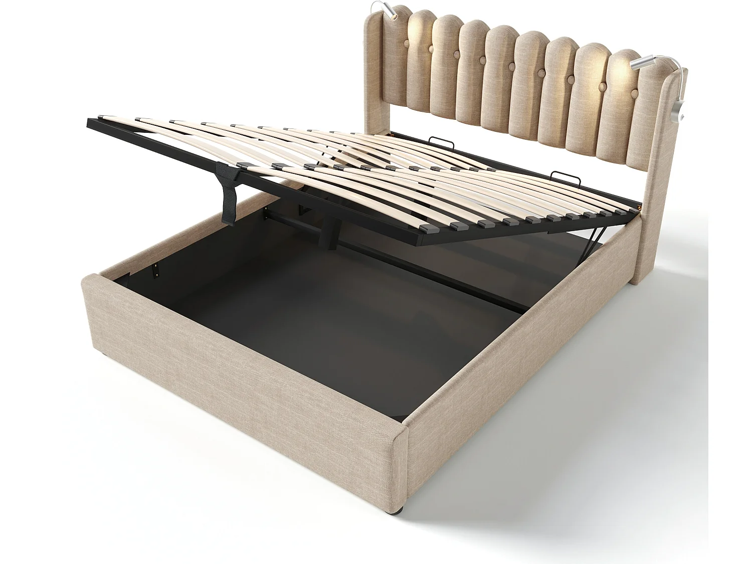 Bett mit Stauraum und Kopfteil – 160 x 200 cm – Leselampe und USB-Anschluss – Leinenstoff – natürliche Farbe