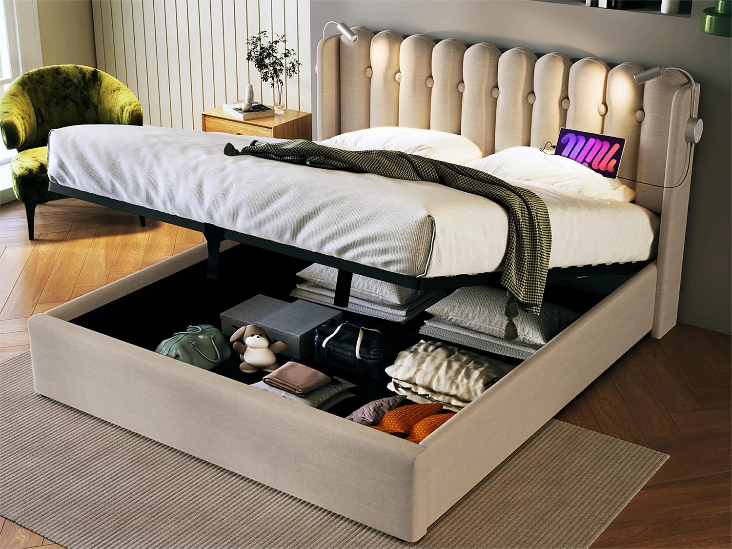 Lit coffre avec tête de lit- 160 x 200 cm - lampe de lecture et prise USB - tissu en lin - coloris naturel