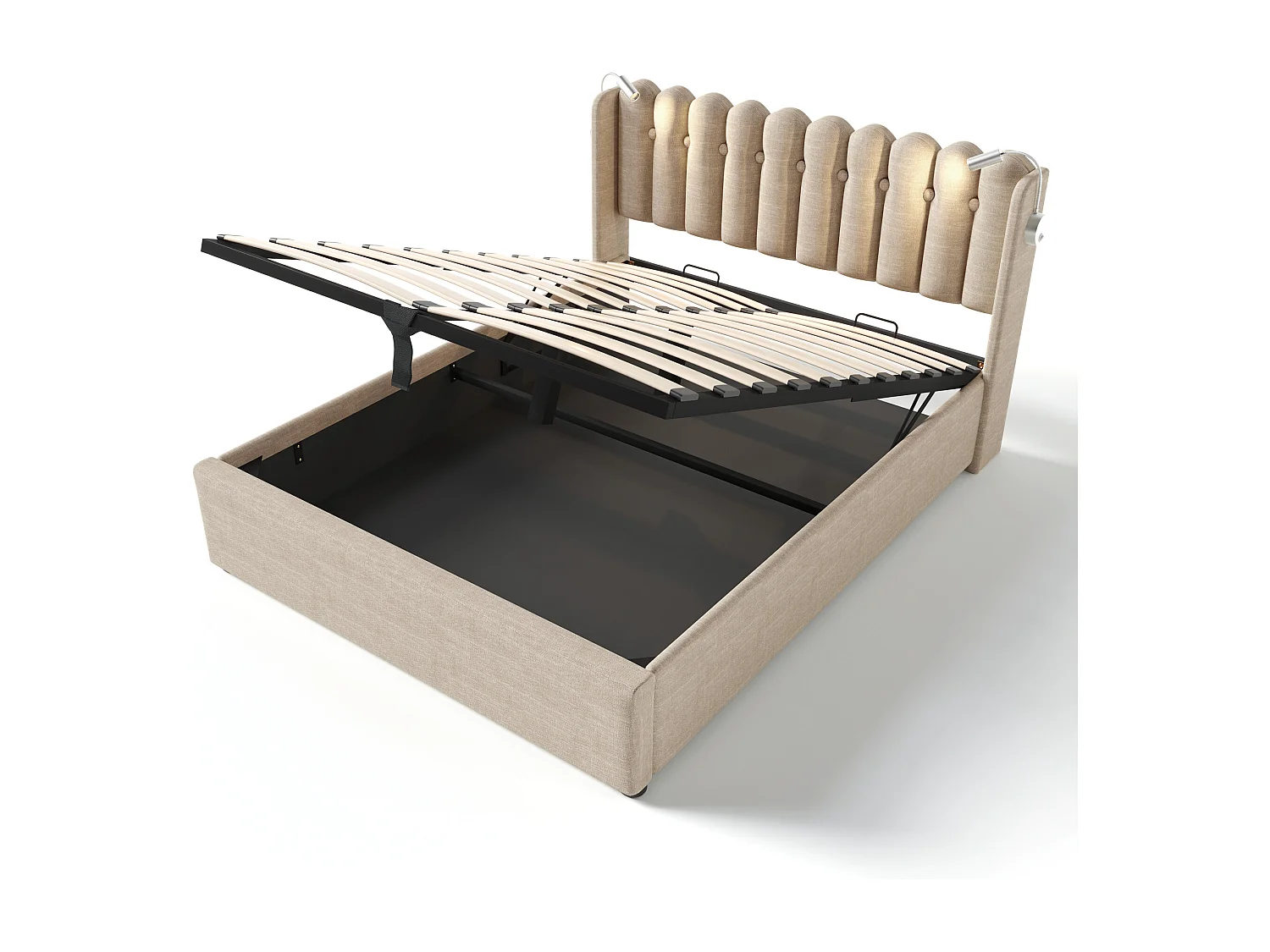 Lit coffre avec tête de lit- 160 x 200 cm - lampe de lecture et prise USB - tissu en lin - coloris naturel