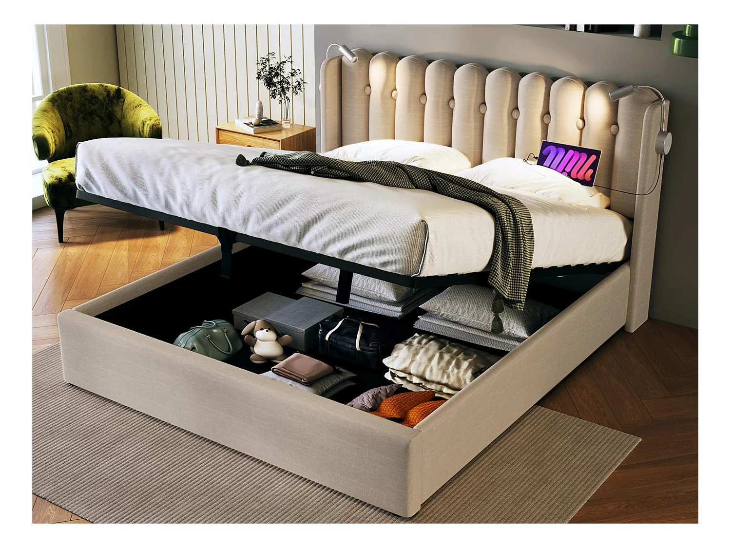 Lit coffre avec tête de lit- 160 x 200 cm - lampe de lecture et prise USB - tissu en lin - coloris naturel