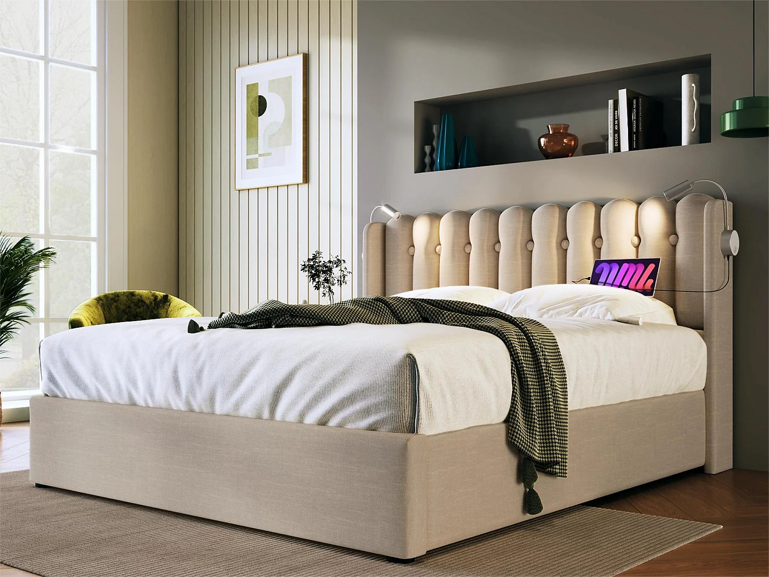 Opbergbed met hoofdeinde - 160 x 200 cm - leeslamp en USB-aansluiting - linnen stof - natuurlijke kleur