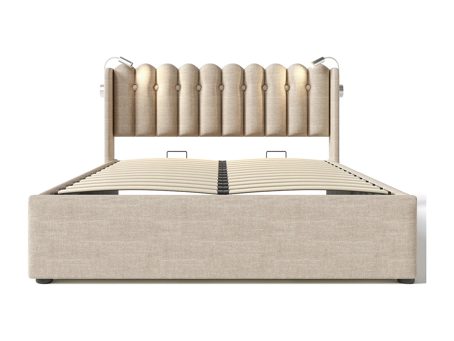 Opbergbed met hoofdeinde - 160 x 200 cm - leeslamp en USB-aansluiting - linnen stof - natuurlijke kleur