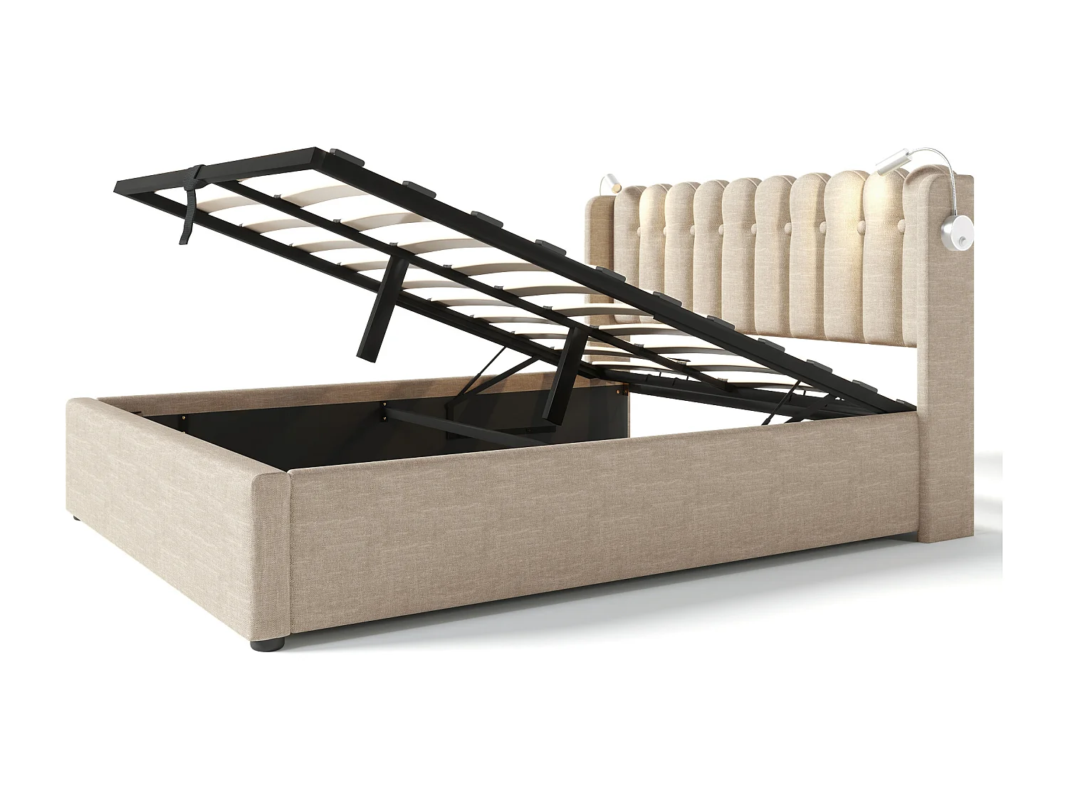 Opbergbed met hoofdeinde - 160 x 200 cm - leeslamp en USB-aansluiting - linnen stof - natuurlijke kleur