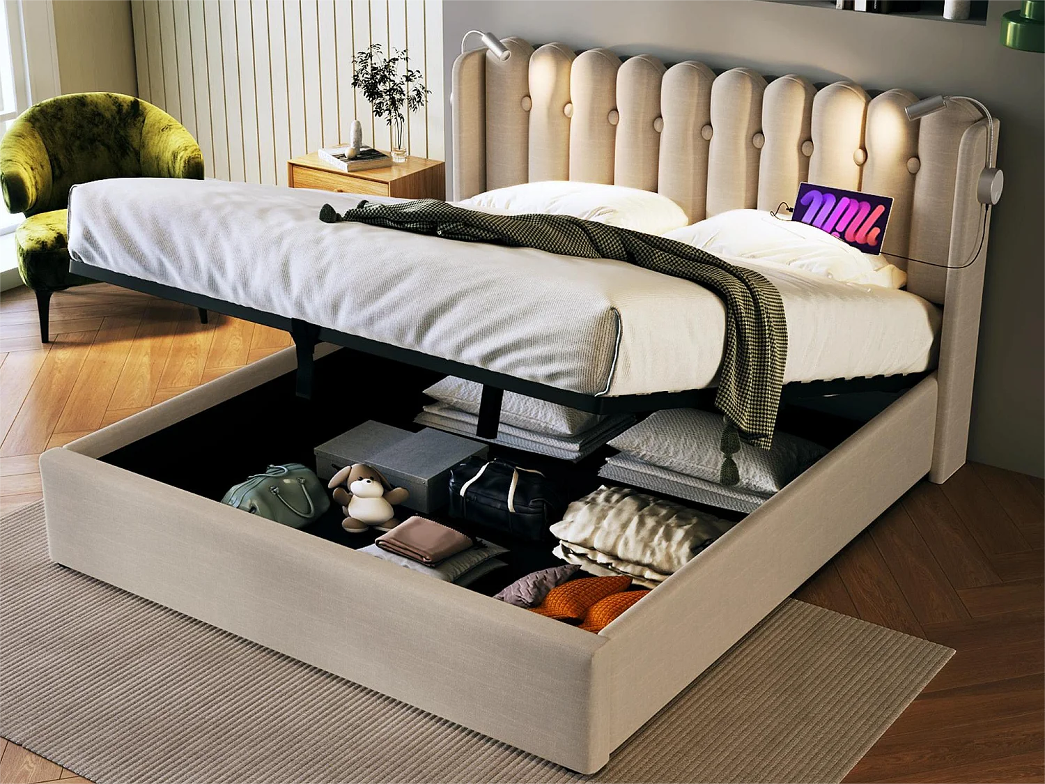 Lit coffre avec tête de lit- 160 x 200 cm - lampe de lecture et prise USB - tissu en lin - coloris naturel