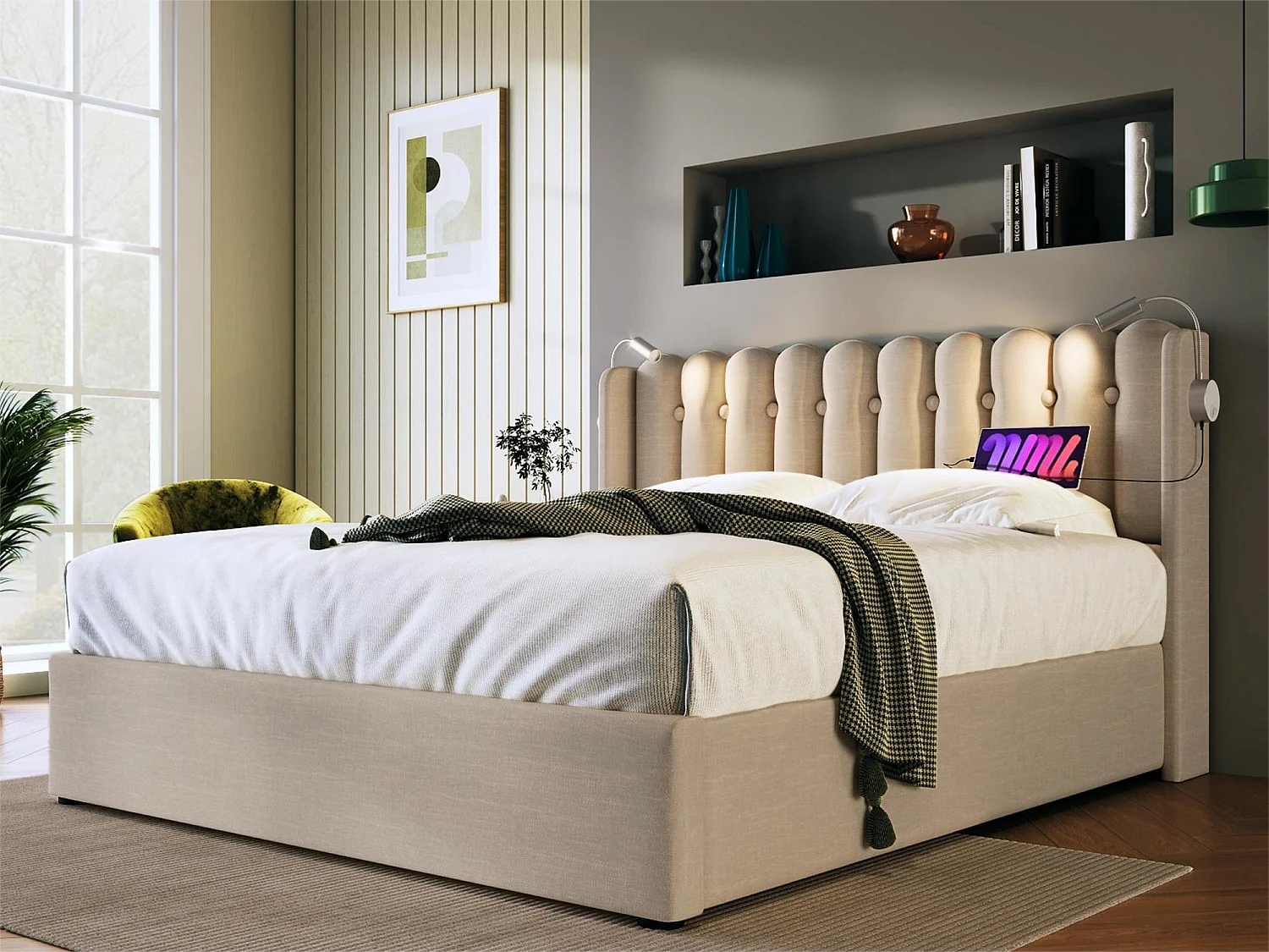 Lit coffre avec tête de lit- 160 x 200 cm - lampe de lecture et prise USB - tissu en lin - coloris naturel