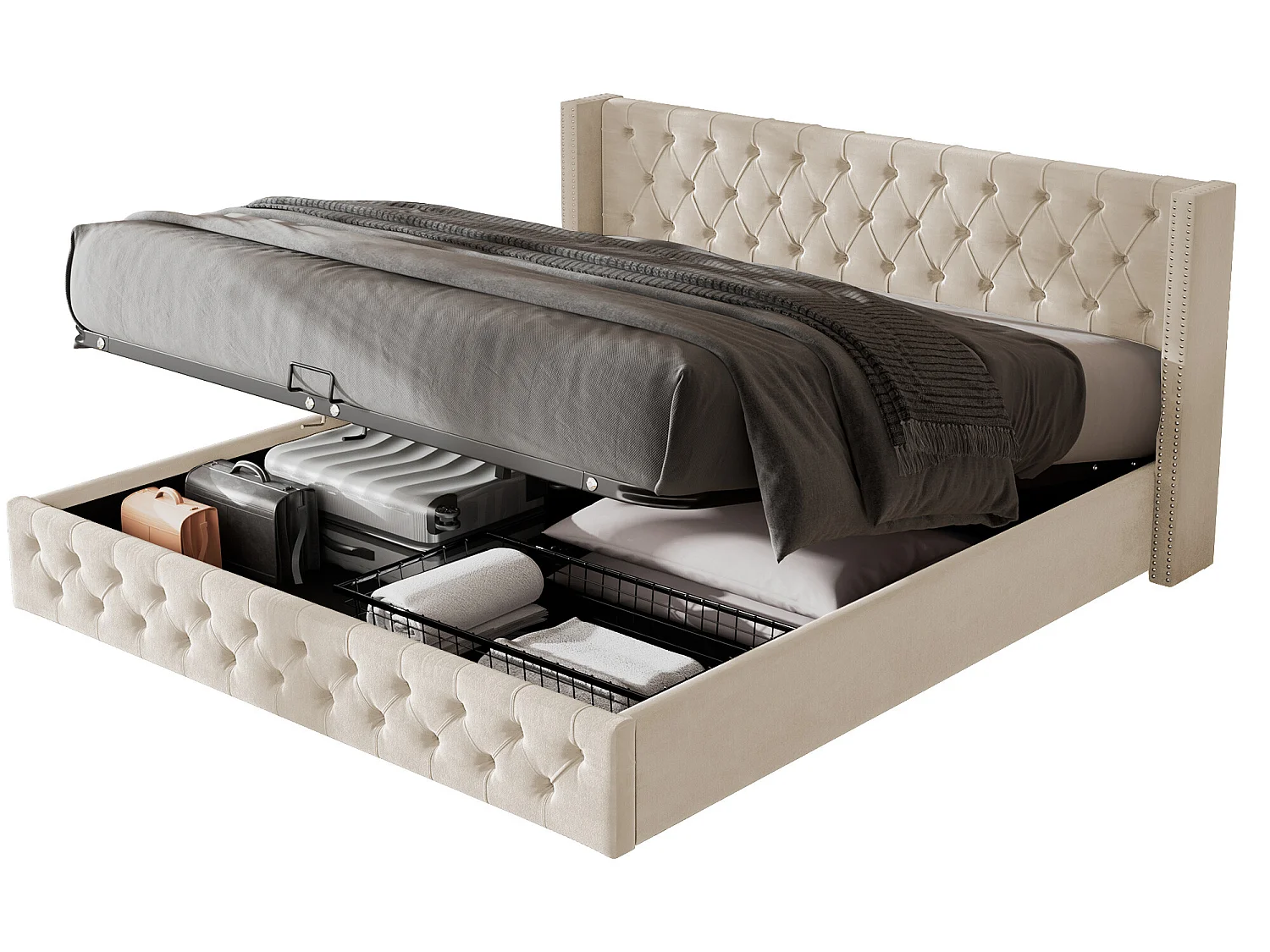 Lit coffre 140 x 200 cm, lit double rembourré en velours, décor avec rivets et boutons,  sommier à lattes, style chesterfield, beige