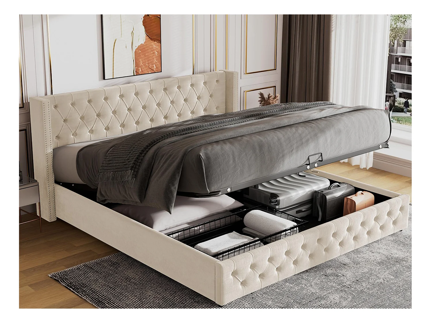 Lit coffre 140 x 200 cm, lit double rembourré en velours, décor avec rivets et boutons,  sommier à lattes, style chesterfield, beige