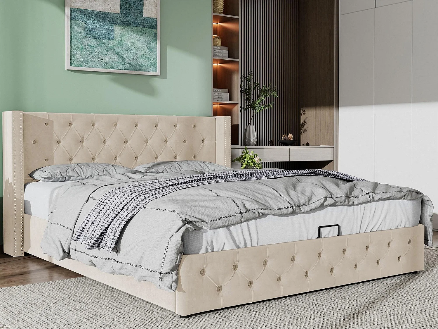 Lit coffre 140 x 200 cm, lit double rembourré en velours, décor avec rivets et boutons,  sommier à lattes, style chesterfield, beige