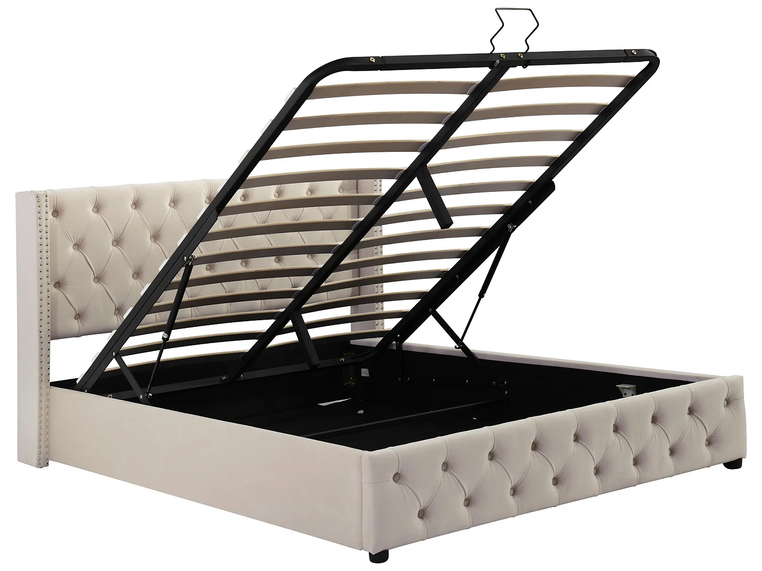 Lit coffre 140 x 200 cm, lit double rembourré en velours, décor avec rivets et boutons,  sommier à lattes, style chesterfield, beige