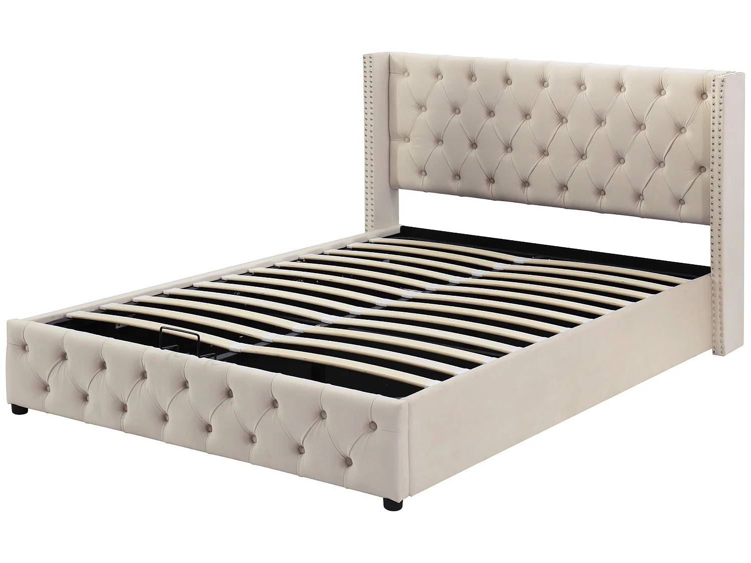 Lit coffre 140 x 200 cm, lit double rembourré en velours, décor avec rivets et boutons,  sommier à lattes, style chesterfield, beige