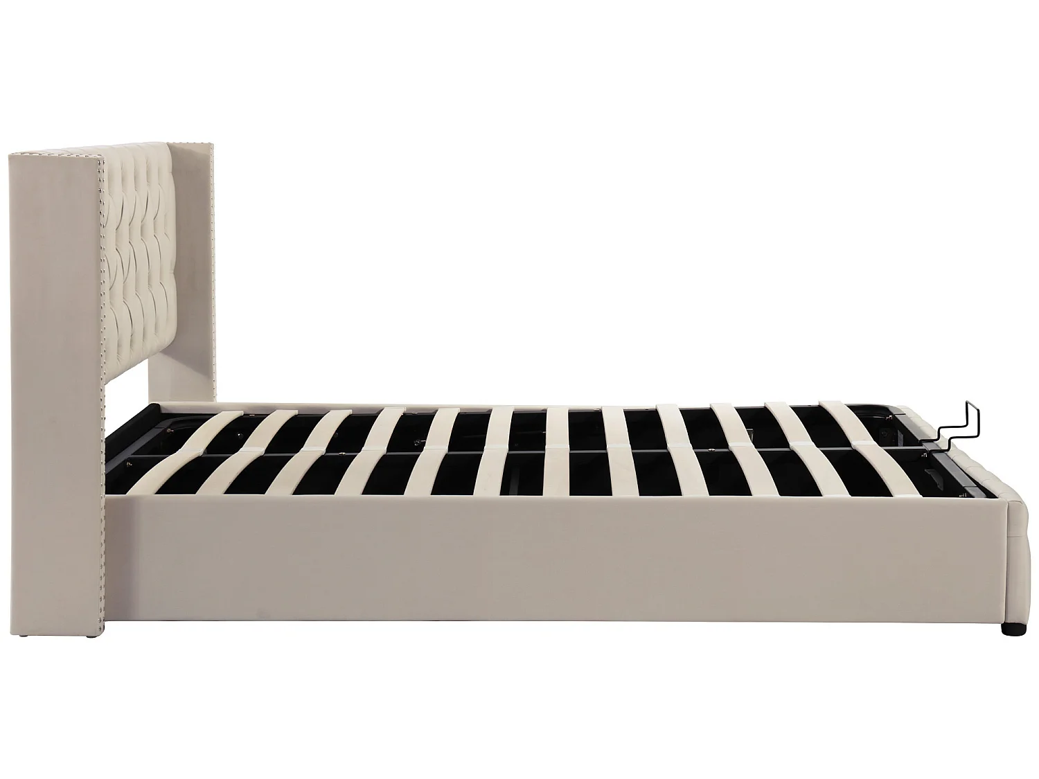 Lit coffre 140 x 200 cm, lit double rembourré en velours, décor avec rivets et boutons,  sommier à lattes, style chesterfield, beige