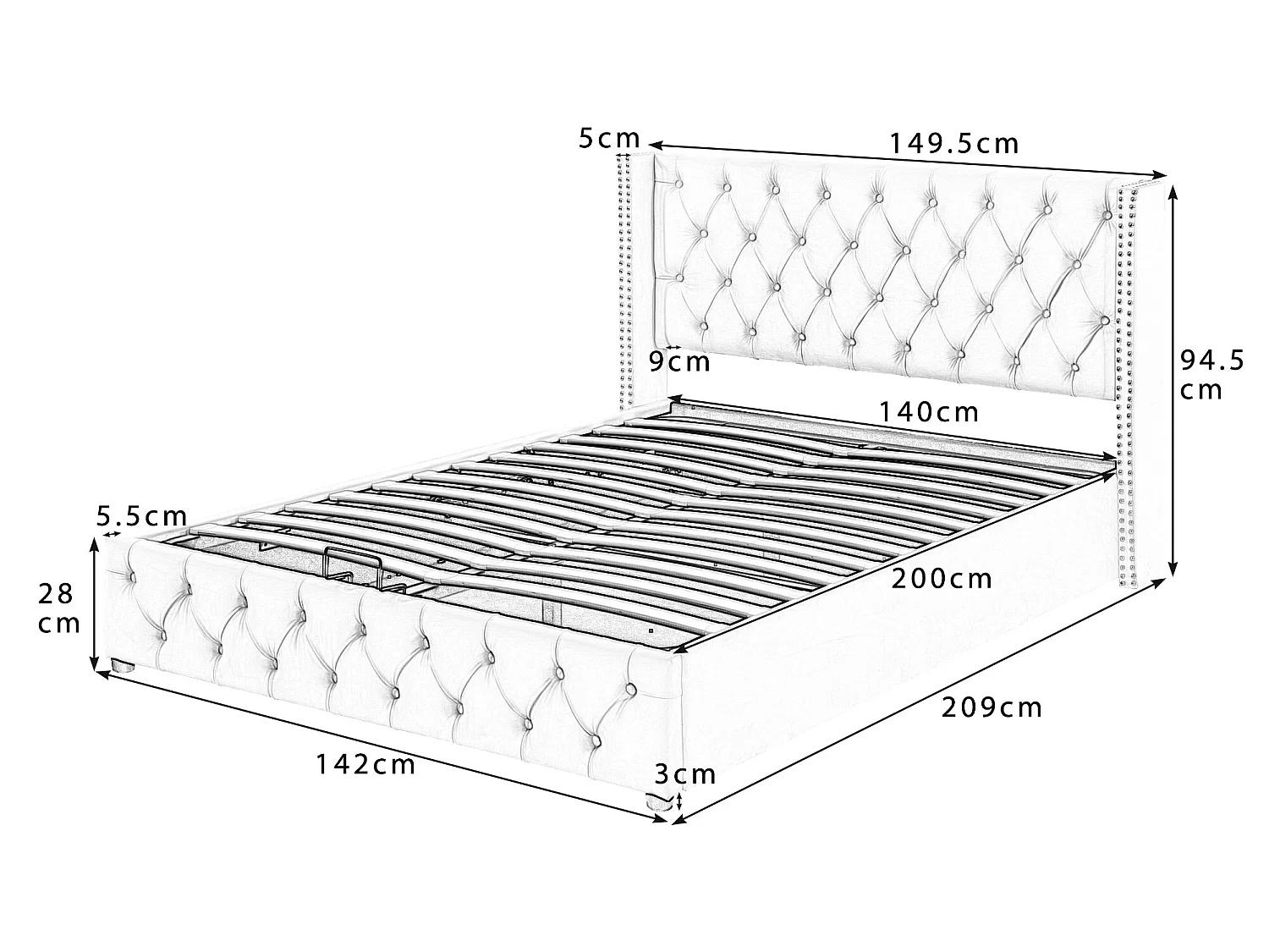 Lit coffre 140 x 200 cm, lit double rembourré en velours, décor avec rivets et boutons,  sommier à lattes, style chesterfield, beige