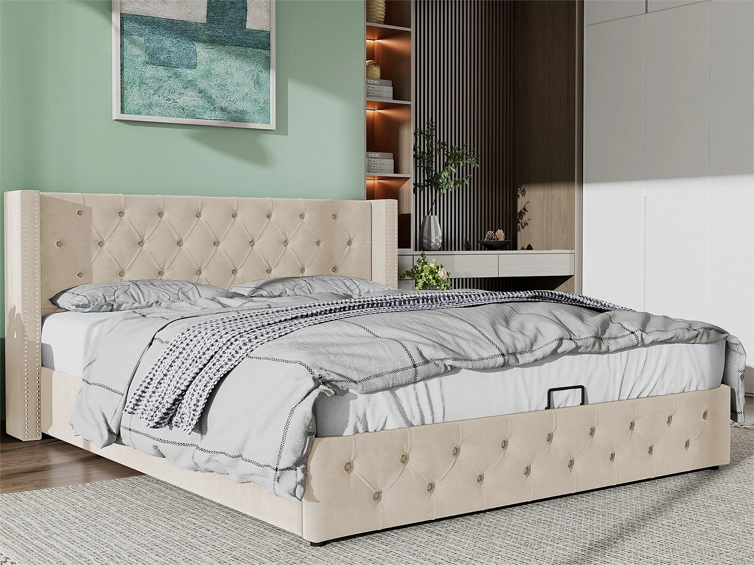 Lit coffre 140 x 200 cm, lit double rembourré en velours, décor avec rivets et boutons,  sommier à lattes, style chesterfield, beige