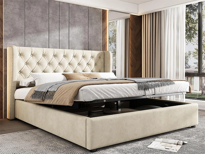 Letto contenitore 160 x 200 cm, letto per adulti rivestito in velluto, decorazione con rivetti e bottoni, rete a doghe, beige