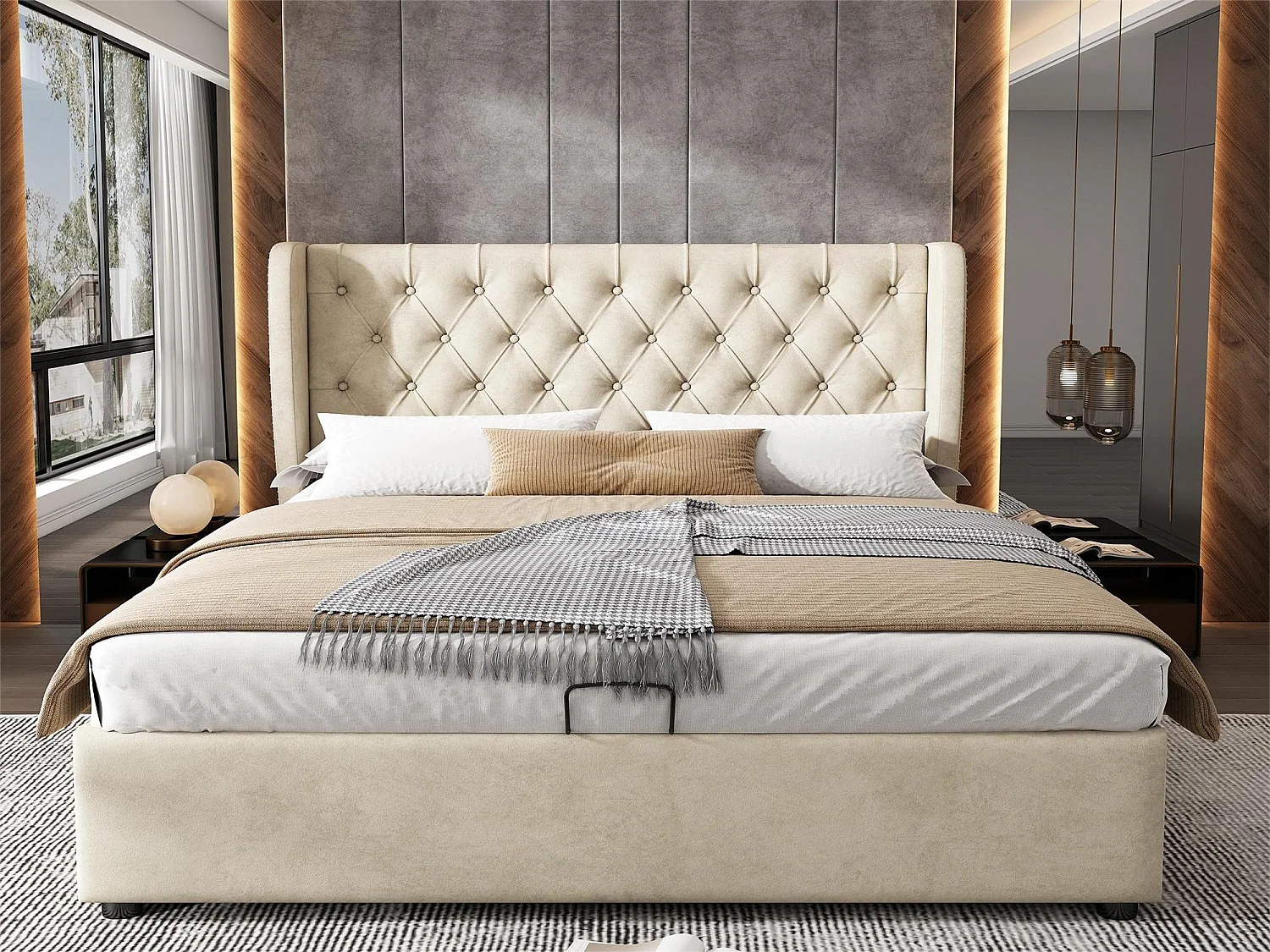 Opbergbed 160 x 200 cm, volwassen bed bekleed met fluweel, decoratie met klinknagels en knopen, lattenbodem, beige