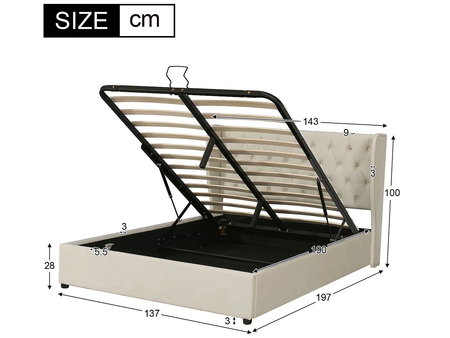 Opbergbed 160 x 200 cm, volwassen bed bekleed met fluweel, decoratie met klinknagels en knopen, lattenbodem, beige