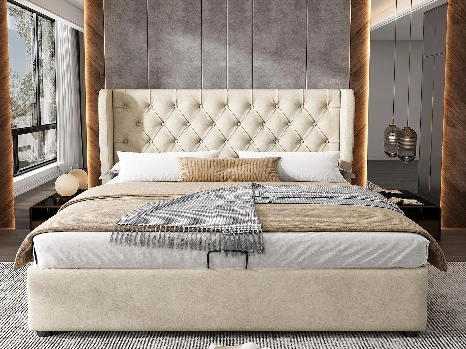Cama de arrumação 160 x 200 cm, cama de adulto estofada em veludo, decoração com rebites e botões, base de ripas, bege