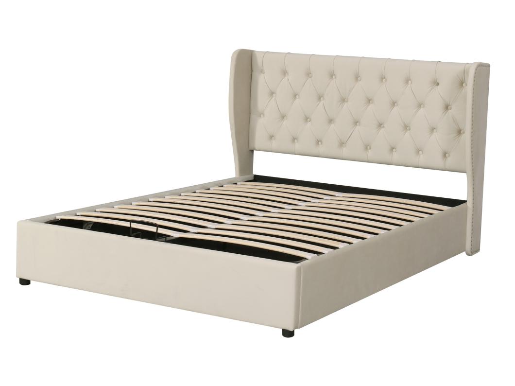 Opbergbed 160 x 200 cm, volwassen bed bekleed met fluweel, decoratie met klinknagels en knopen, lattenbodem, beige