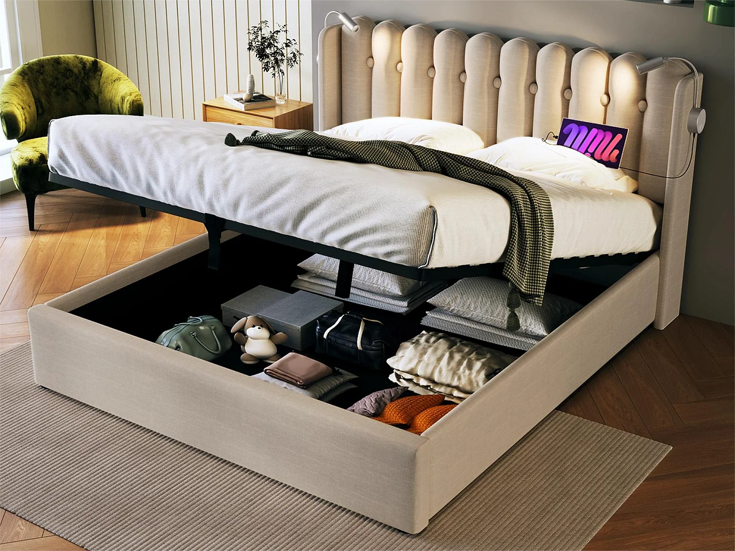 Cama de arrumação com cabeceira - 140 x 200 cm - candeeiro de leitura e tomada USB - tecido de linho - cor natural