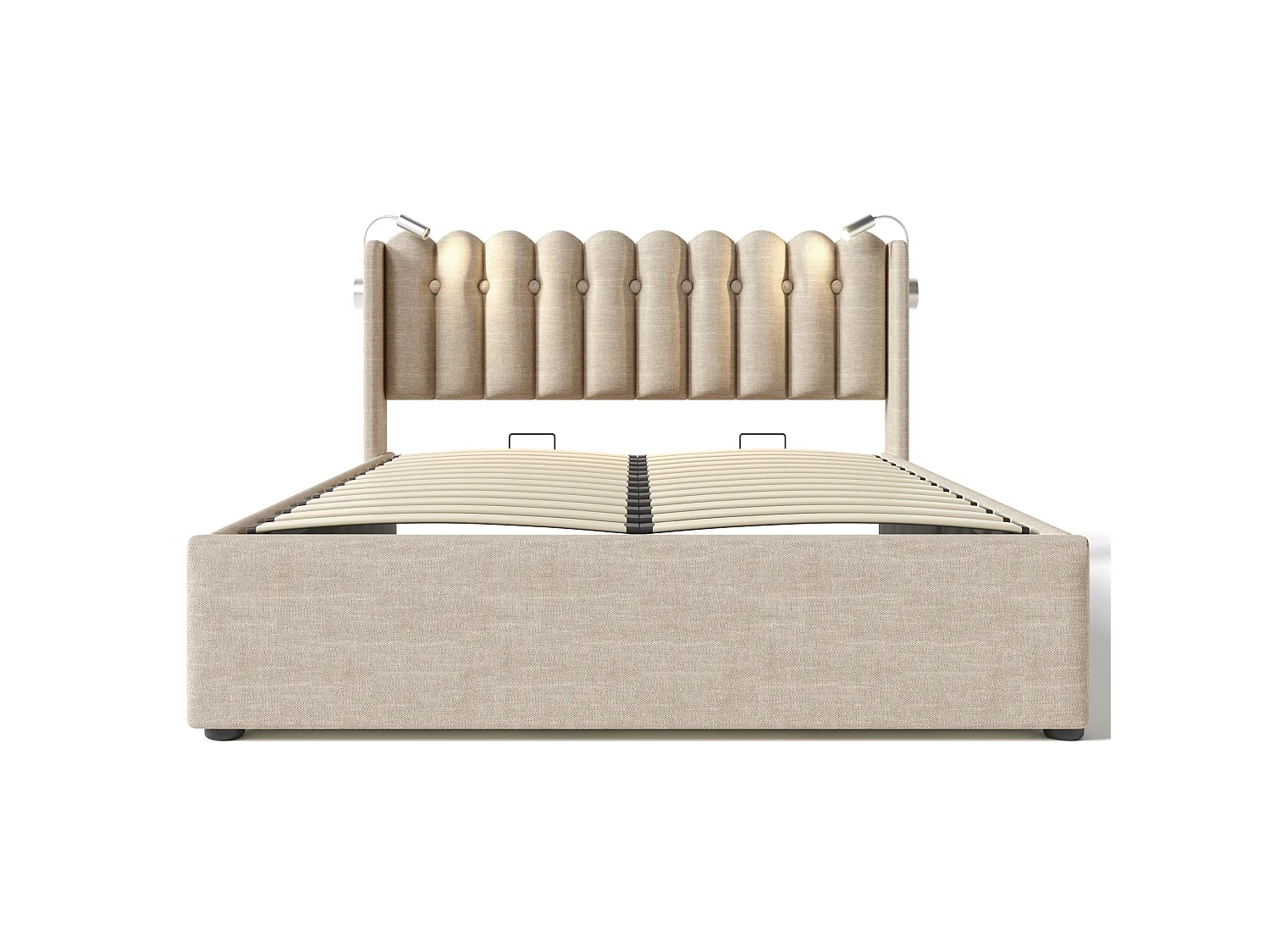 Cama de arrumação com cabeceira - 140 x 200 cm - candeeiro de leitura e tomada USB - tecido de linho - cor natural