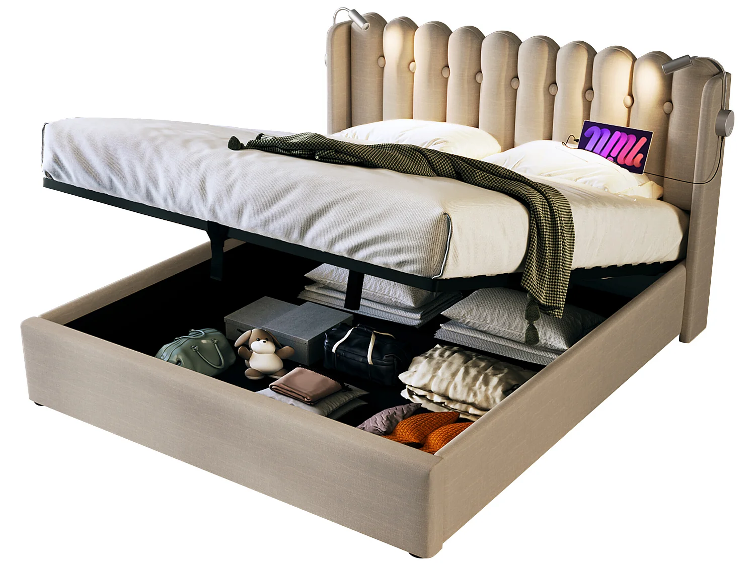 Cama de arrumação com cabeceira - 140 x 200 cm - candeeiro de leitura e tomada USB - tecido de linho - cor natural