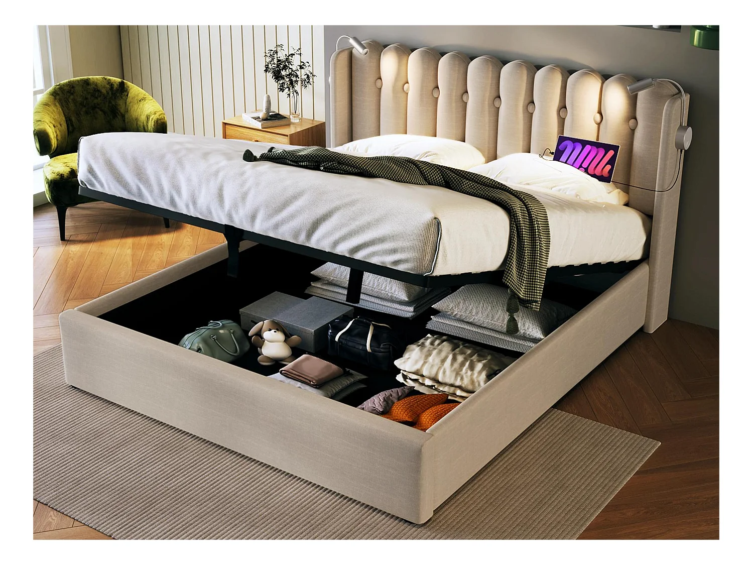Lit coffre avec tête de lit- 140 x 200 cm - lampe de lecture et prise USB - tissu en lin - coloris naturel