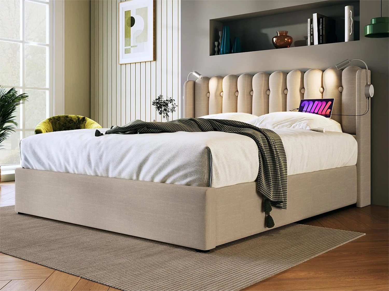 Letto contenitore con testiera - 140 x 200 cm - lampada da lettura e presa USB - tessuto lino - colore naturale