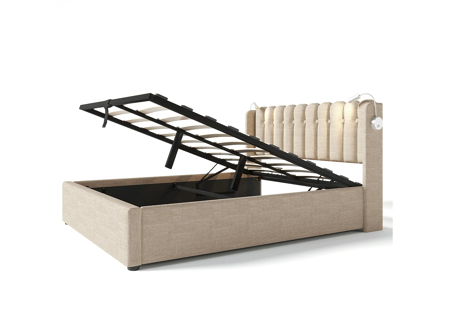 Letto contenitore con testiera - 140 x 200 cm - lampada da lettura e presa USB - tessuto lino - colore naturale