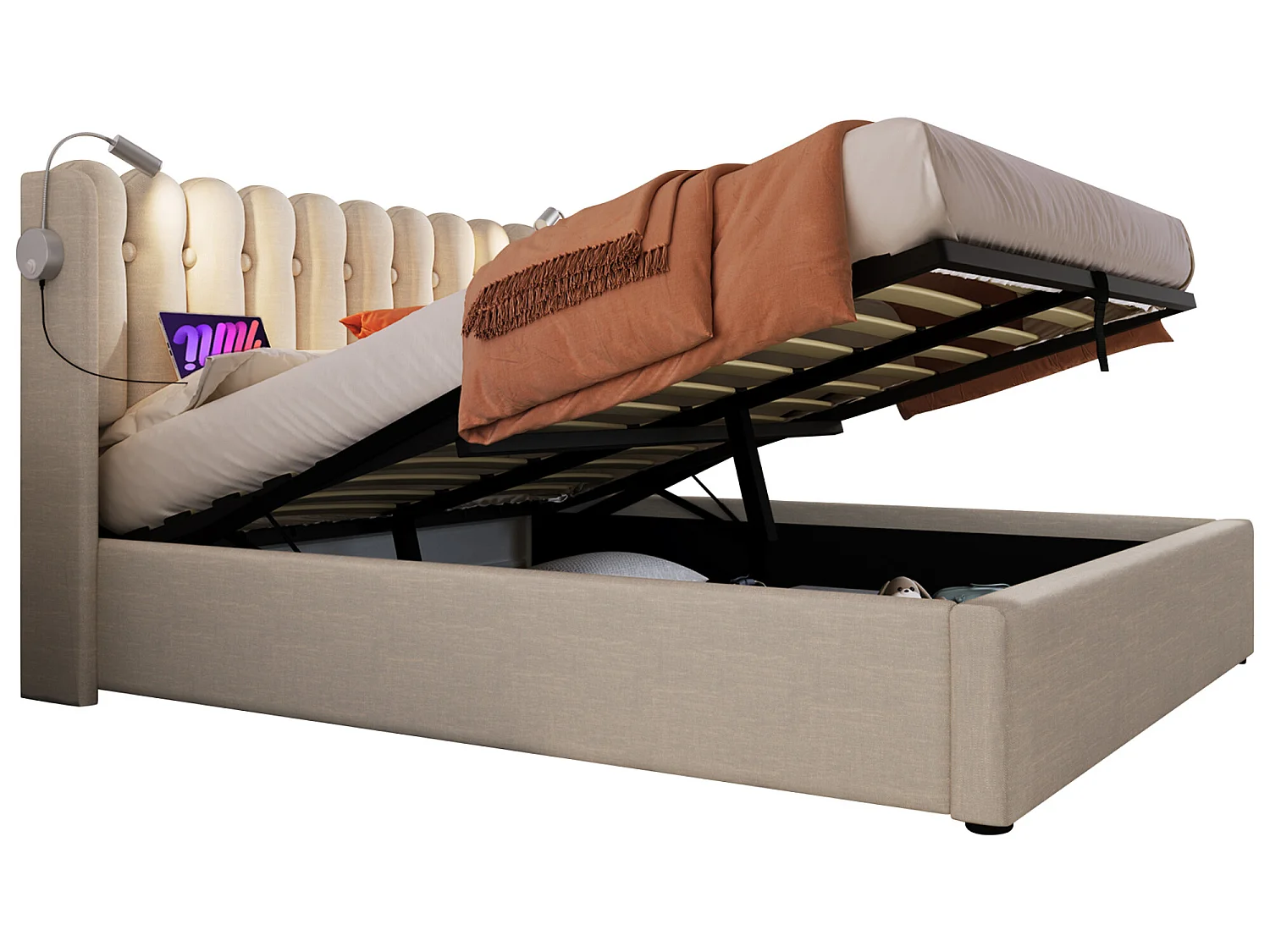 Letto contenitore con testiera - 140 x 200 cm - lampada da lettura e presa USB - tessuto lino - colore naturale