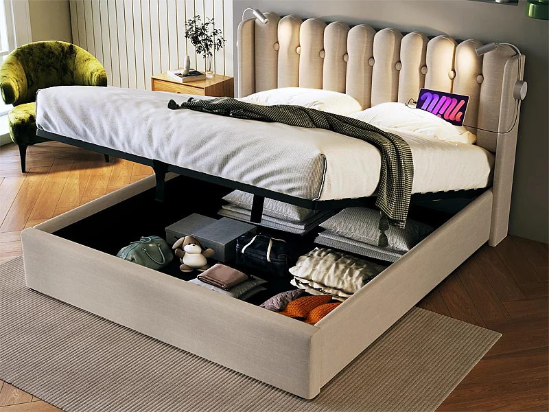 Stauraumbett mit Kopfteil – 140 x 200 cm – Leselampe und USB-Anschluss – Leinenstoff – natürliche Farbe